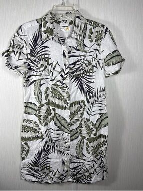 C&C California S 100% Linen Tropical Palm Leaf Print Shirt Dress White Green
